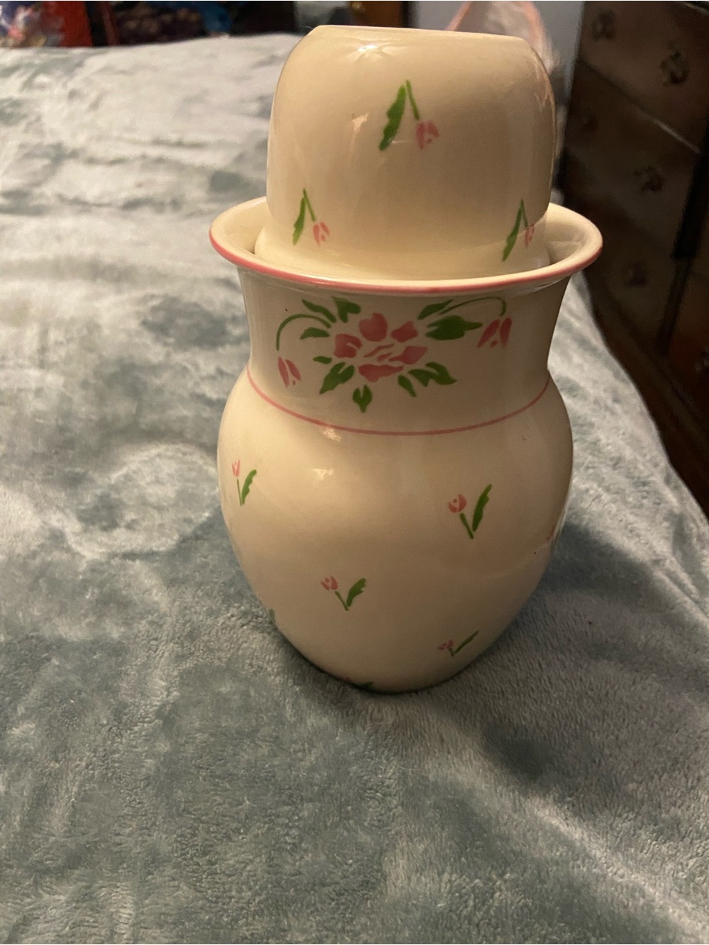 Cream Ceramic Footed Vase with Pink Floral Accents